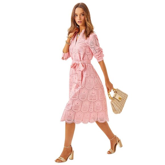 Lilly Pulitzer Eira Midi Shirtdress in Pink Muse/Pineapple Eyelet NWT - Size 0 - Picture 3 of 8